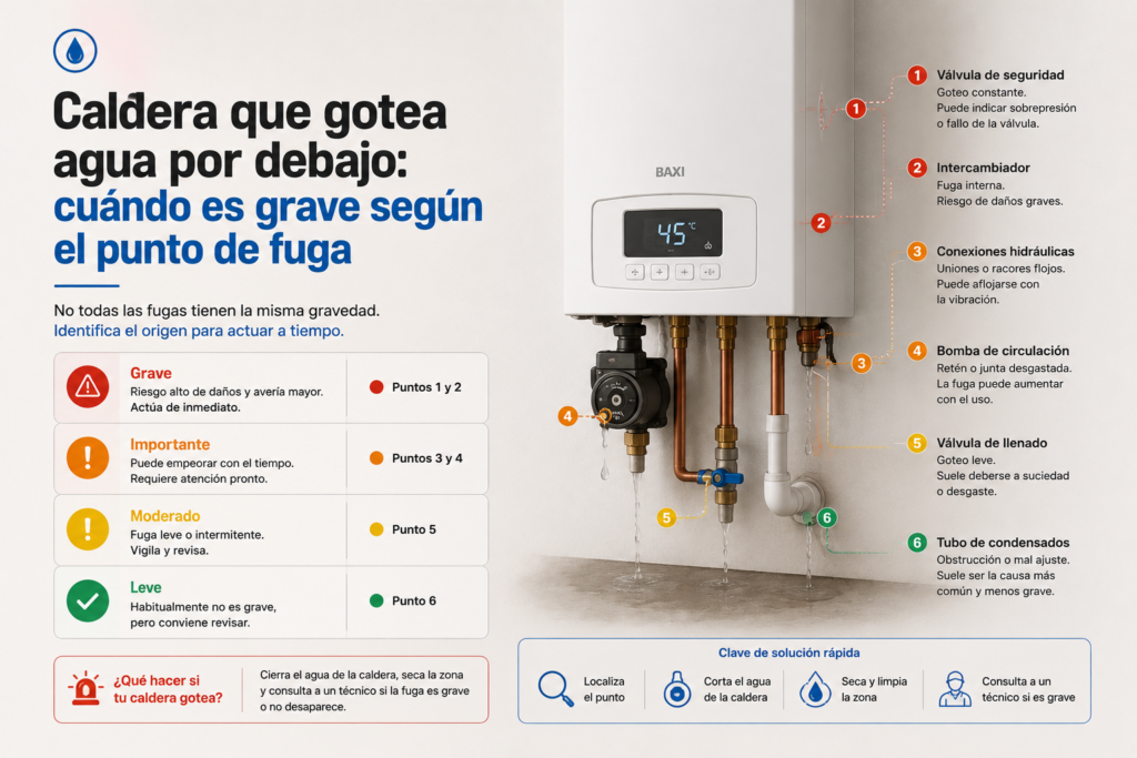 Caldera que gotea agua por debajo: cuándo es grave según el punto de fuga