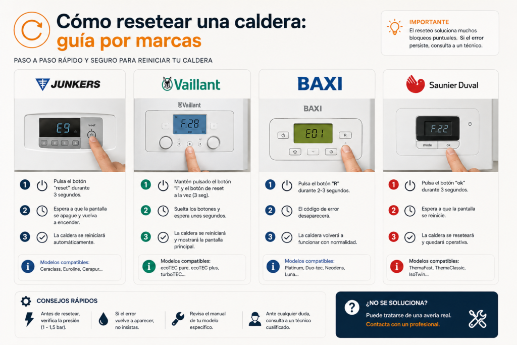 Cómo resetear una caldera: guía por marcas (Junkers, Vaillant, Baxi, Saunier)