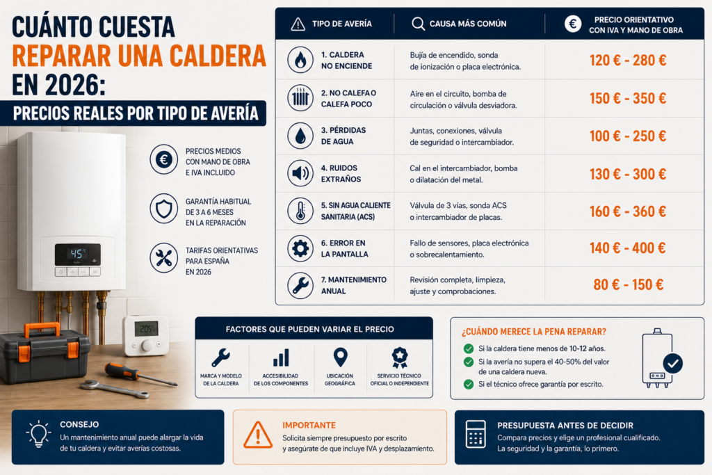 Cuánto cuesta reparar una caldera en 2026: precios reales por tipo de avería